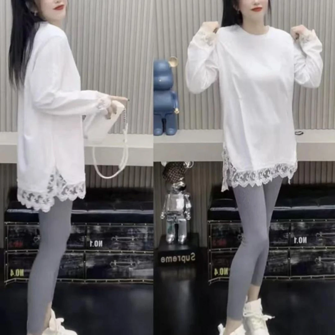 秋冬新大版型白T恤2025韩版极简风蕾丝拼接打底衫加绒宽松显瘦女