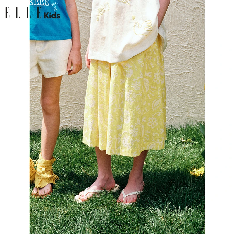 ELLE KIDS 法式棉布印花中长半裙女童夏季新款度假大裙摆裙子A2