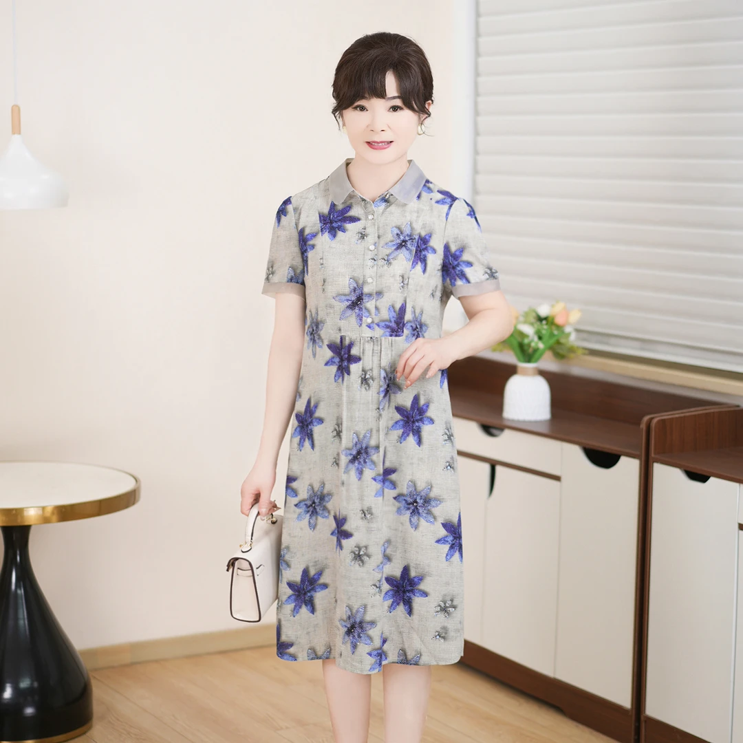 中年妈妈装洋气高贵连衣裙2025夏装新款中老年短袖大码印花裙子