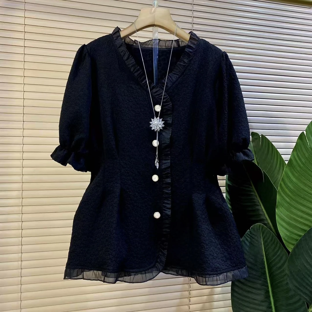 Y胖mm欧货时尚新款法式减龄蕾丝花边设计款显瘦短袖上衣