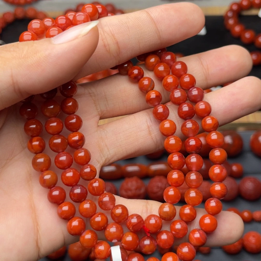 南红玛瑙未镶嵌手串H6.8mm顶品柿子牛血红双色火焰长链