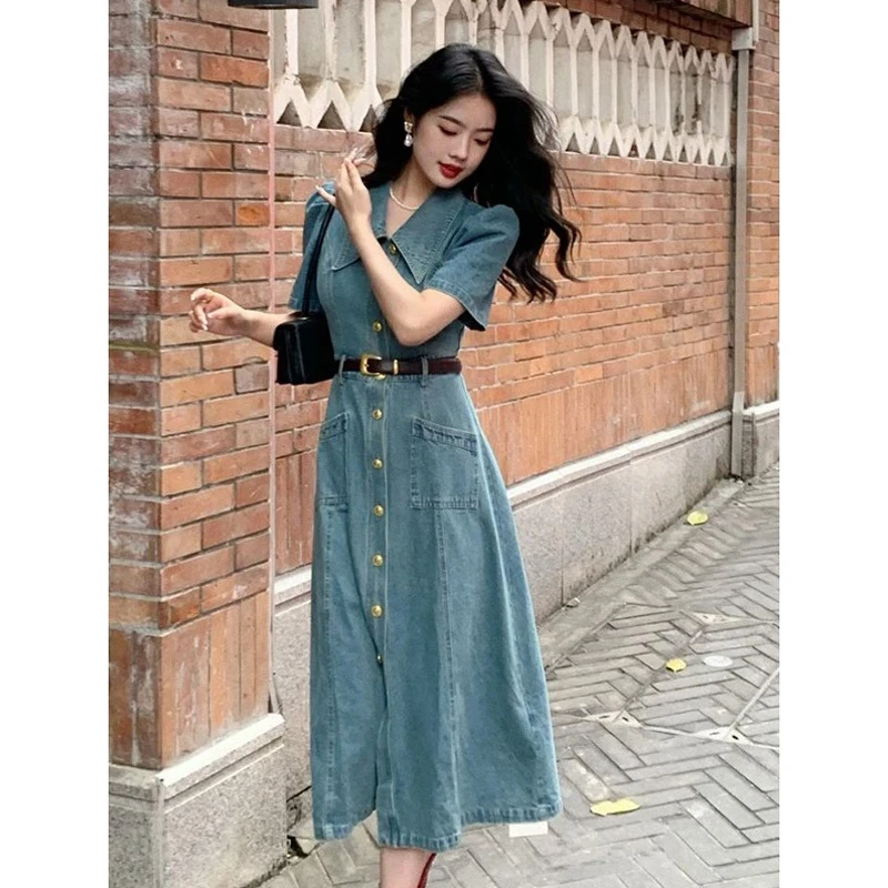 小个子短袖牛仔连衣裙女夏季2025新款设计感小众法式长裙气质裙子