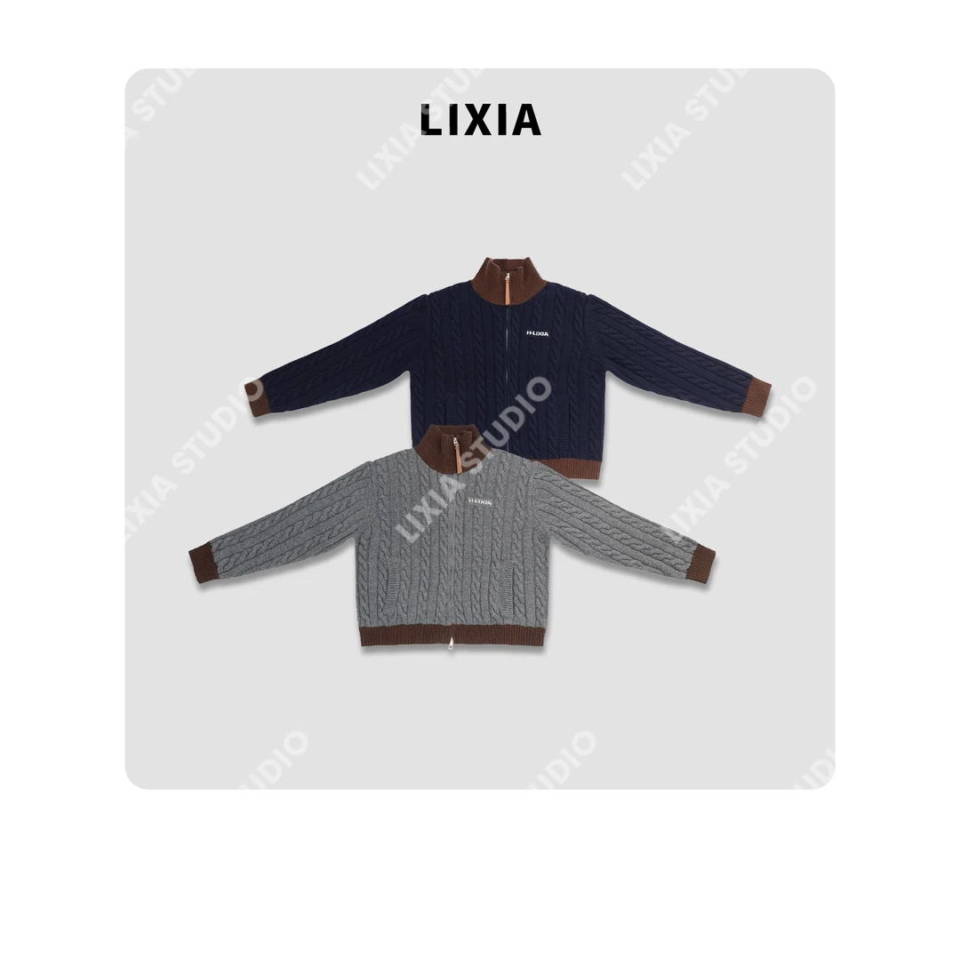 LIXIA【软糯麻花】全高定羊毛冬季开衫撞色宽松英伦风外套-D10357