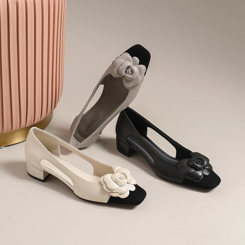 3CM/AMEINOR2025夏季新款真皮优雅精致花朵浅口女士低跟单鞋9781