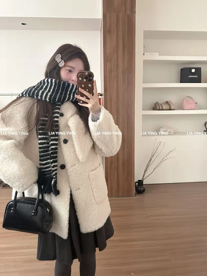【新西兰小羊】新款～设计款～100全羊毛皮草外套羊剪绒麂皮毛一体