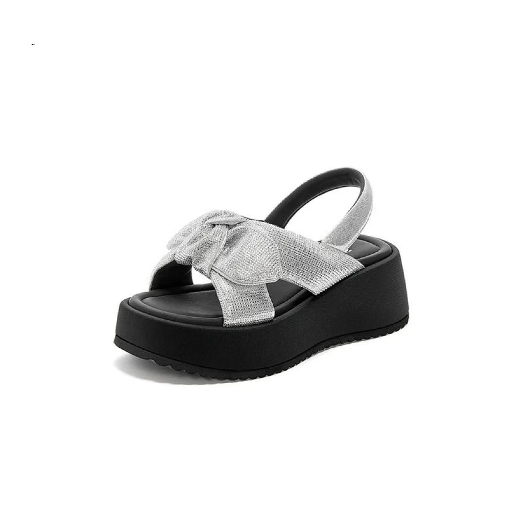 女蝴蝶结松紧带凉鞋露趾时装凉鞋厚底休闲失序混搭风