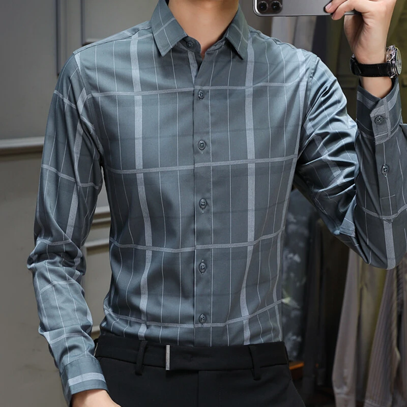 专业衬衫竹纤维弹力抗皱轻商务休闲长袖格子衬衫男