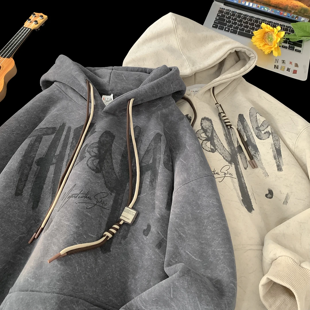 美式复古休闲重磅砂洗做旧连帽卫衣男女宽松潮牌oversize情侣外套