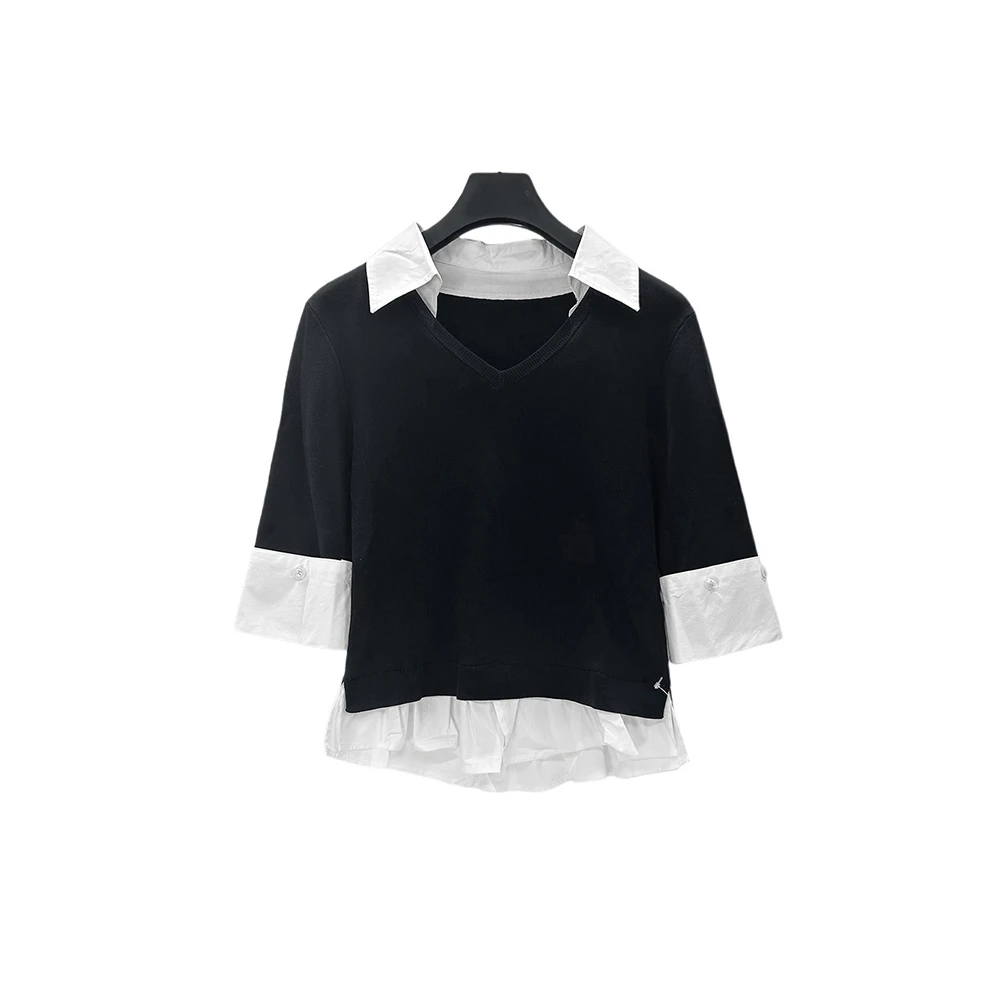 S·DEER百搭纯色设计针织夏季通勤假两件短袖女t恤上衣S252Z3514