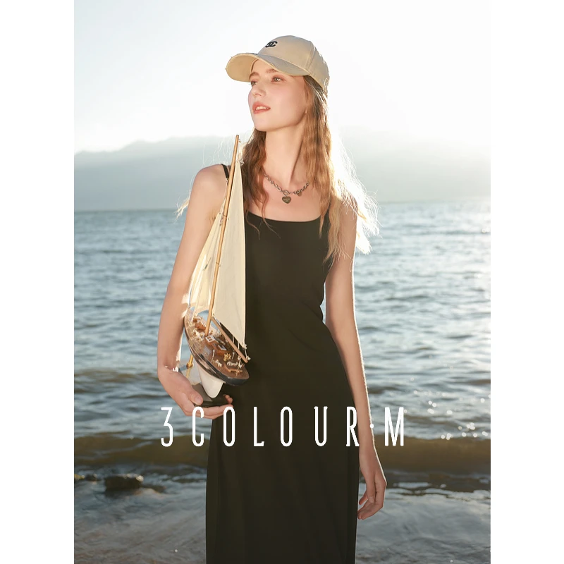 三彩2025春季新款带胸垫吊带裙A字无袖连衣裙方领小黑裙内搭女M