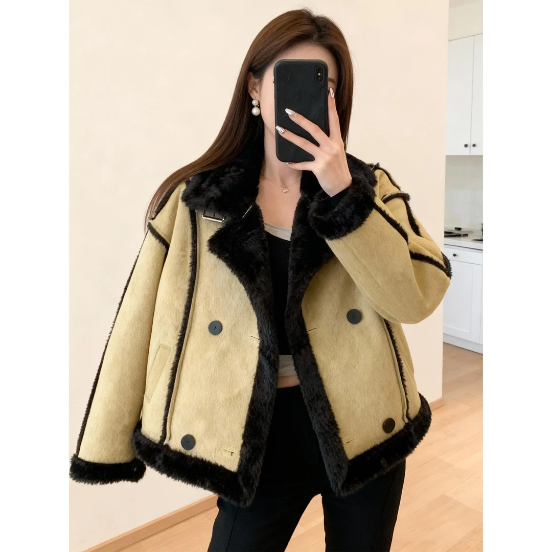 VONSRMAN绿色拼接短外套女冬季2025新款时尚气质宽松百搭通勤上衣