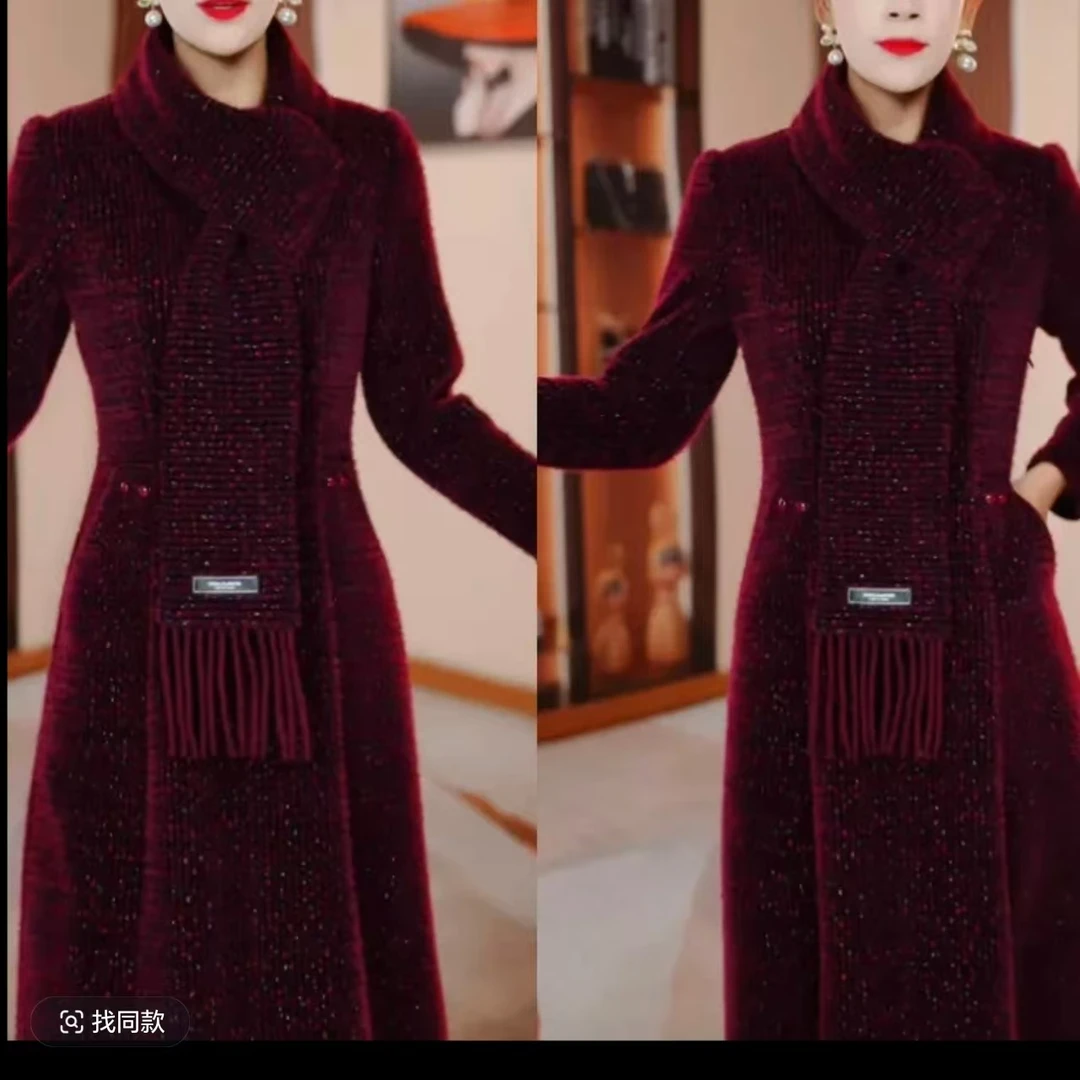 洋气紫红色秋冬新款修身显瘦遮肉连衣裙气质高雅时尚