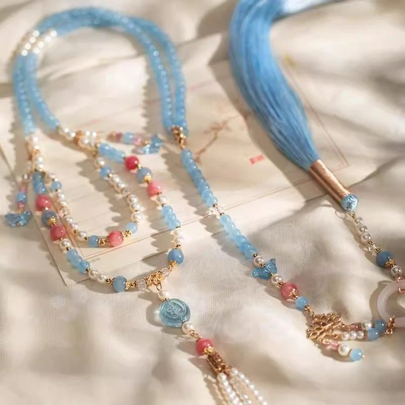 铁合金玻璃项链 汉服国风配饰海蓝珞项链古风马面裙长璎珞背云女