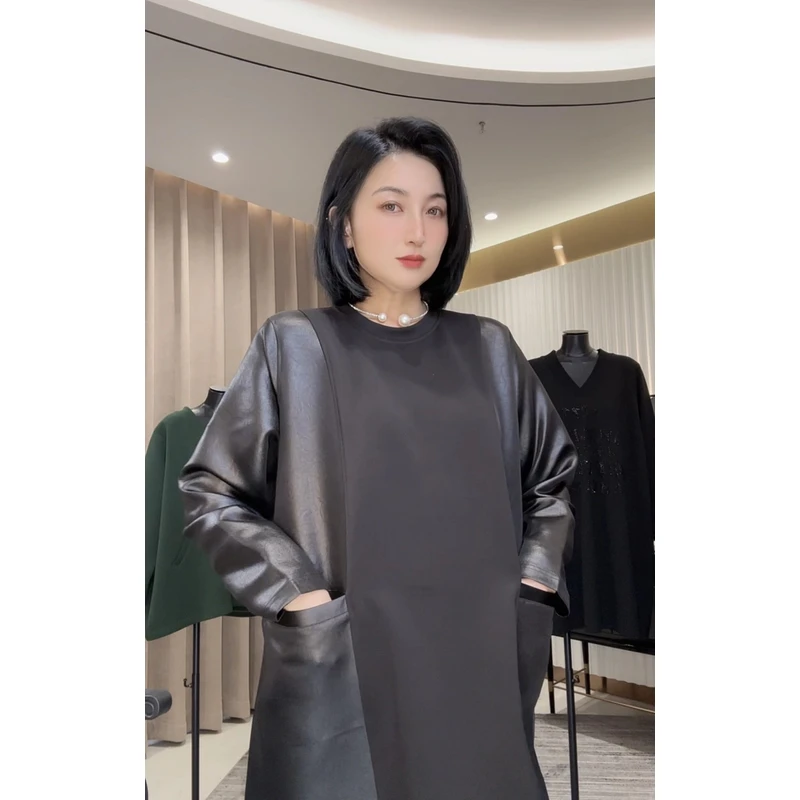 【娜姐680064款】新款时尚轻奢质感高级显瘦轻熟风中长款拼接卫衣裙