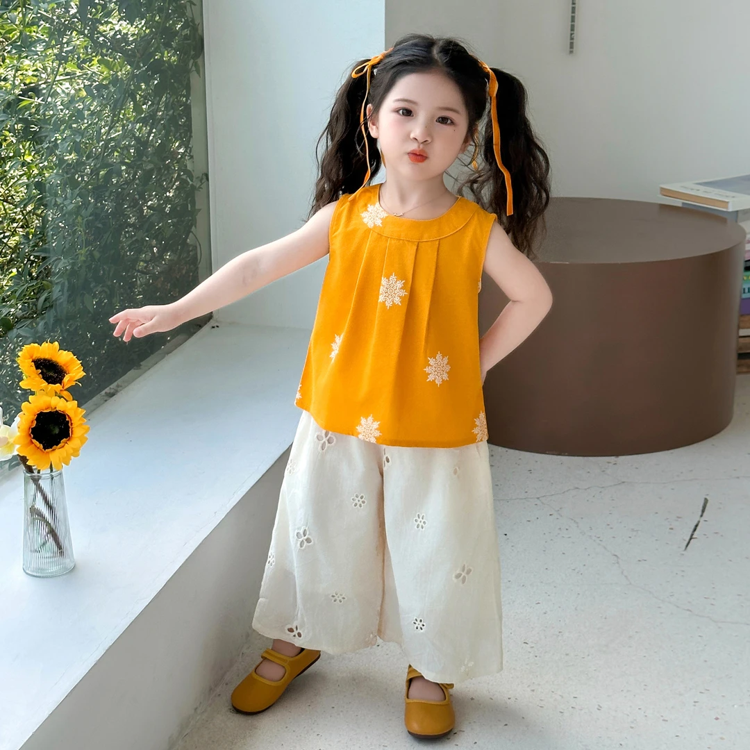 女童无袖夏季套装新款儿童洋气韩版宽松背心女孩夏装阔腿裤两件套