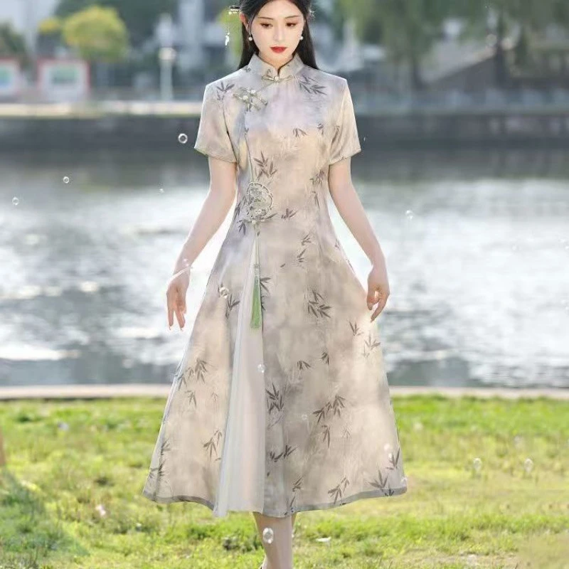 新中式旗袍女2025新款年轻款气质改良连衣裙奥黛印花国风