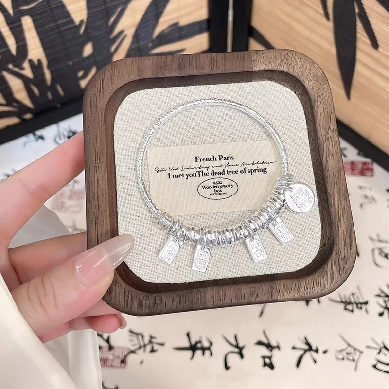 足银手镯 足银999串珠盘缠吉言银手镯平安喜乐招财银猫镯子送女友