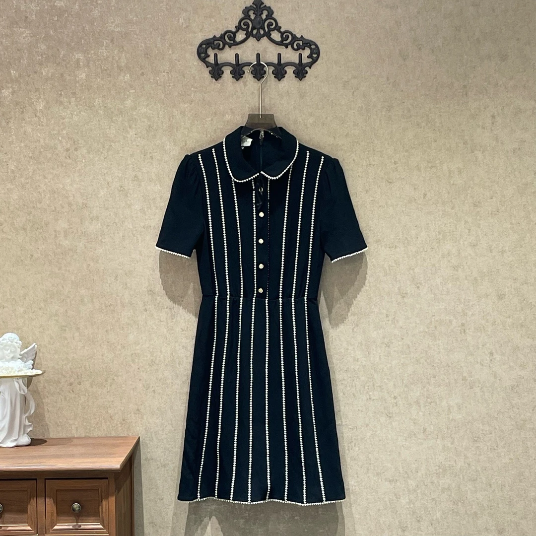 全新未使用 GUCCI/古驰 黑色刺绣花边单排扣翻领连衣裙/m码/31310