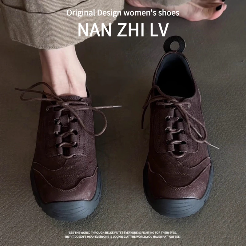 羊皮版~2025新款法式小众松糕底休闲运动系带拼色圆头舒适德训鞋