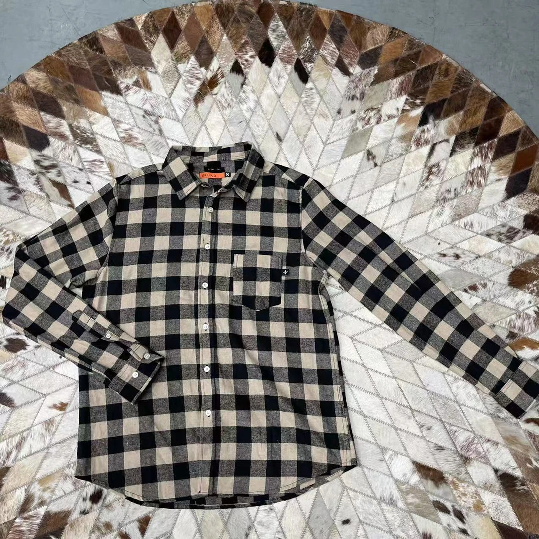 28435-春秋单排扣格子拼色毛呢衬衫格纹痞帅条格格子衬衫男士