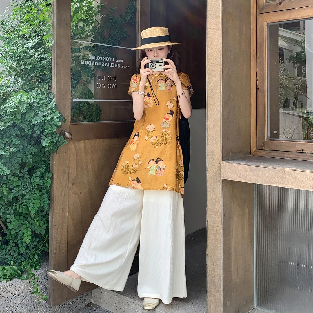 2025夏季新款高级感国潮新中式时尚立领印花盘扣上衣短裤两件套女