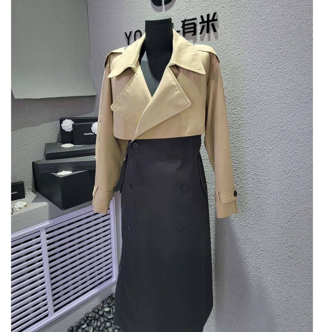 YOUMI 长款风衣2025春秋款英伦拼色外套撞色大衣