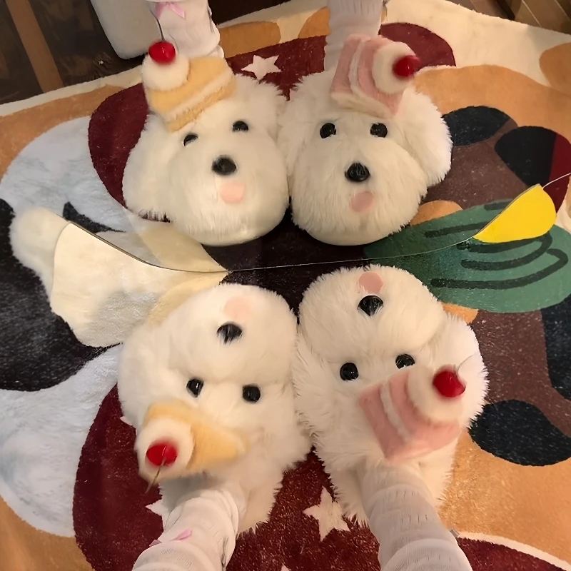 蛋糕小狗棉拖鞋女款秋冬季毛绒拖鞋可爱新款家居室内月子拖鞋