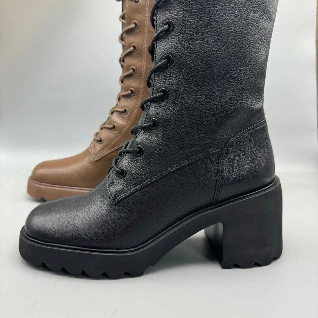 wf036三色中筒靴 系带 粗跟女靴