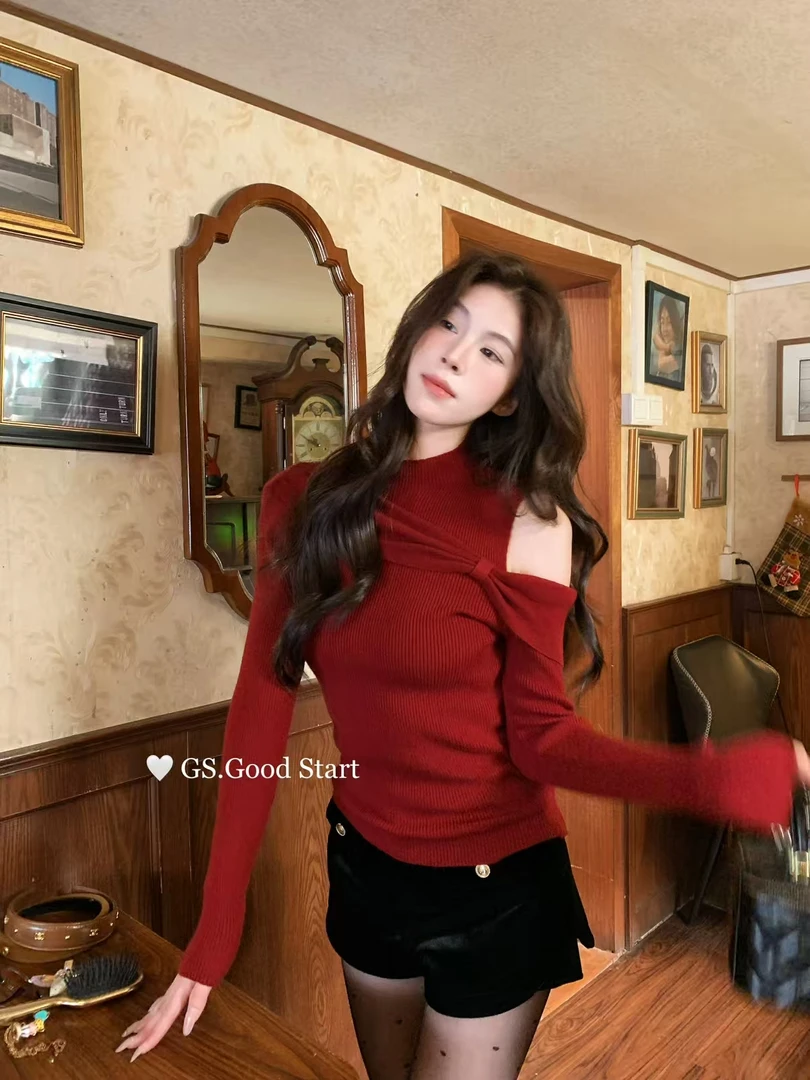 （6-8运贴）“撩心专衣”純欲露肩扭结设计半高领针织衫立领修身小衫