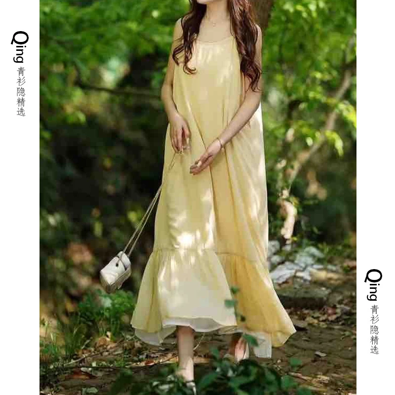 【氛围感吊带裙】可单穿可内搭苎麻拼接设计鱼尾吊带连衣裙6492