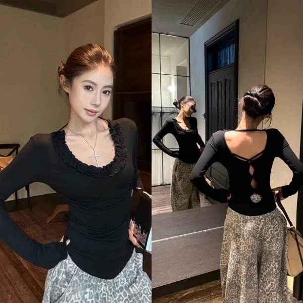 （浠儿家）辣妹性感露背荷叶边U领修身显瘦加绒长袖内搭打底衫上衣