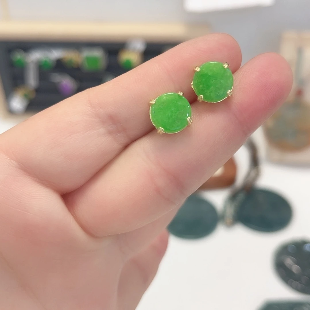 翡翠银S925镀金镶嵌耳饰耳钉18