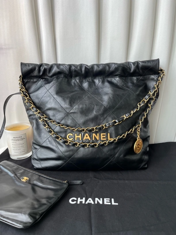 99新 Chanel/香奈儿 22bag黑金小号垃圾袋子母包手提单肩斜挎包