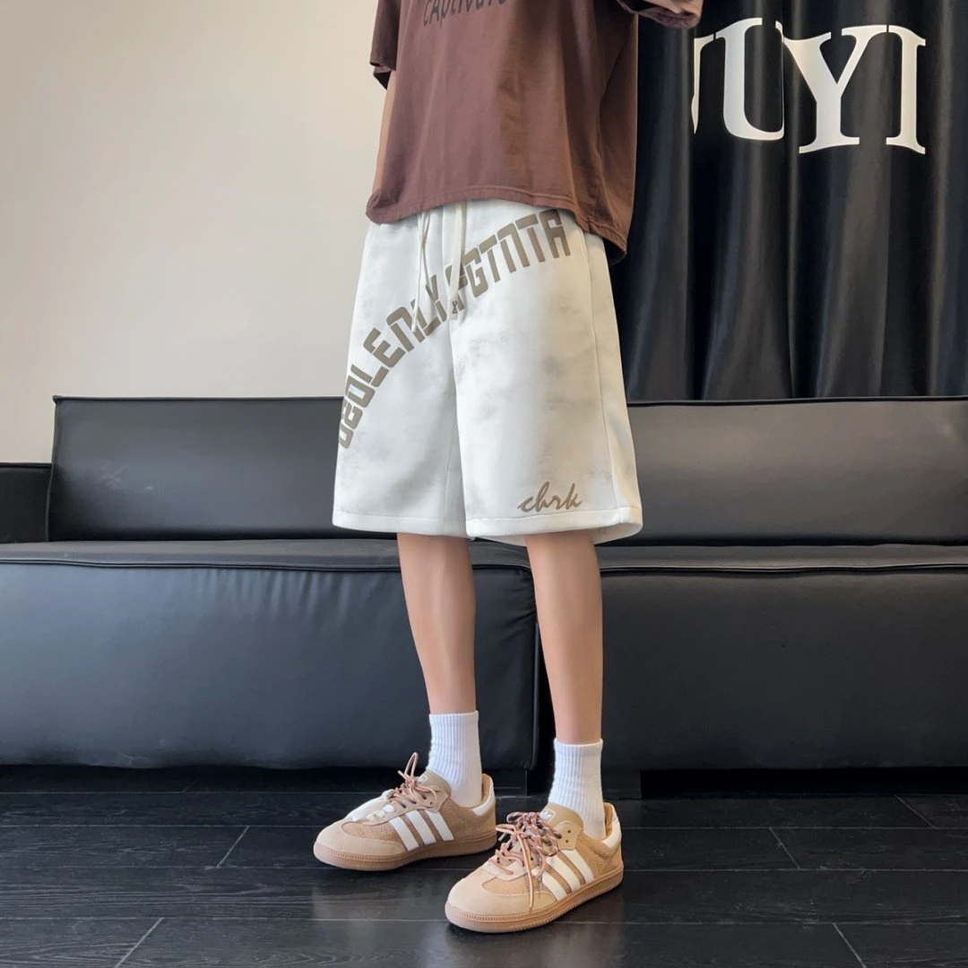 引创夏季新款短裤男宽松休闲潮流大码港风中裤扎染发泡字母五分裤