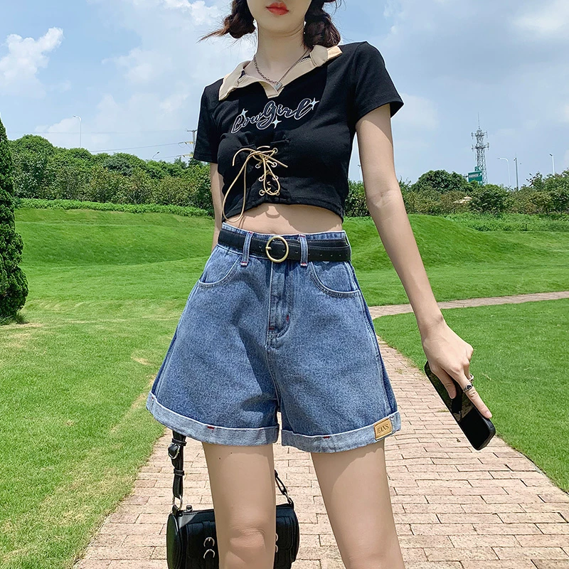 JS3381卷边牛仔短裤女新款夏季薄款高腰宽松显瘦设计感小众a字裤