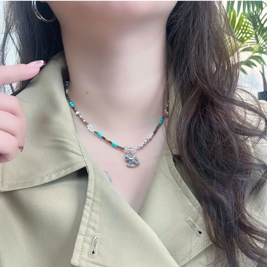 复古森系风水晶锁骨链【虎石木马纪】童趣木马吊坠小众设计长链