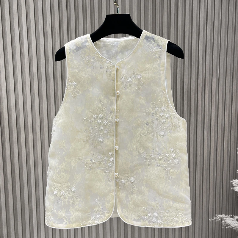 【杏色】桑蚕丝马甲蕾丝夏季时尚休闲百搭复古马夹无袖提花A166