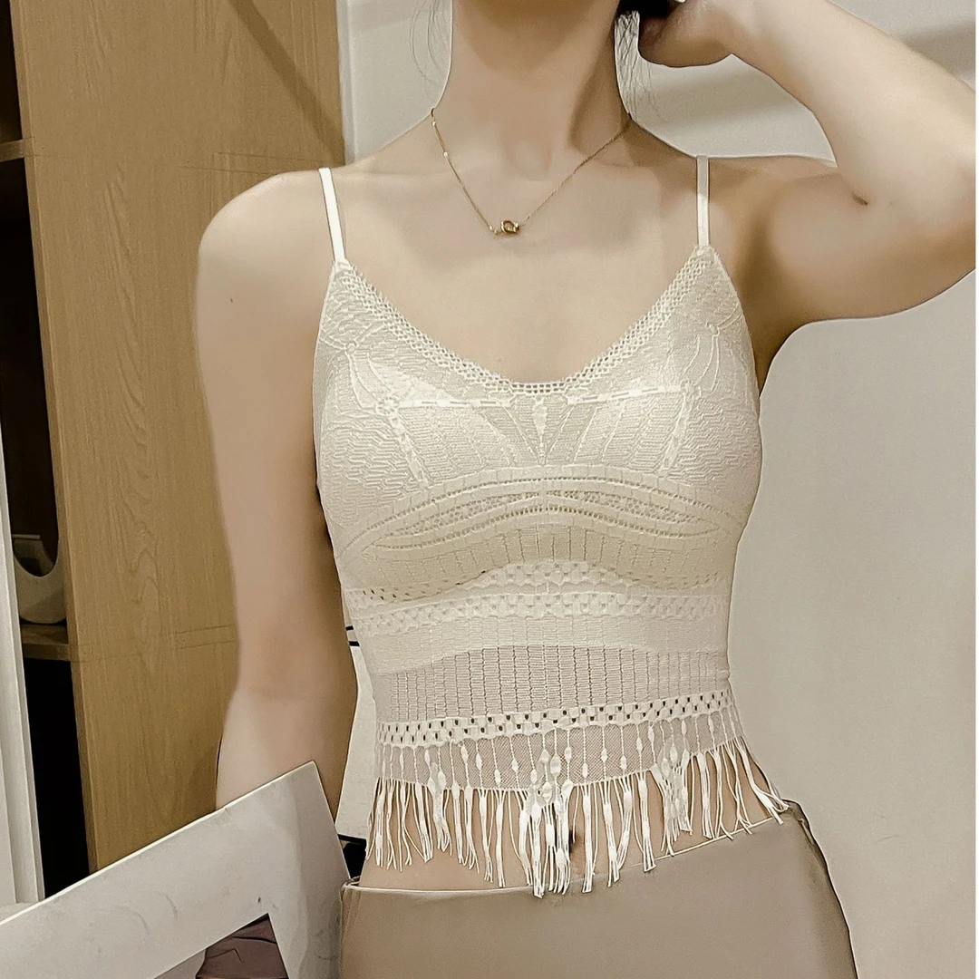 2025法式流苏吊带背心修身显瘦固定杯防走光蕾丝美背百搭通勤内衣