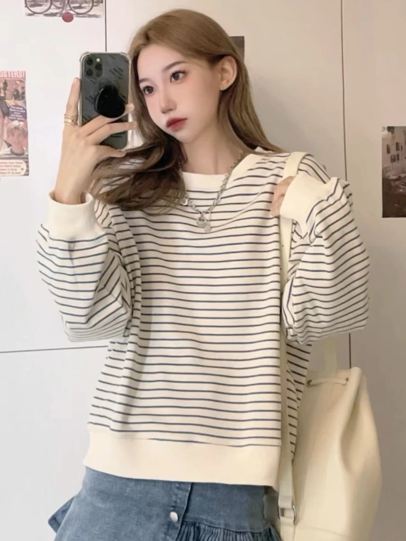 卫衣女春季2025年新款韩版宽松设计感条纹上衣圆领套头长袖T恤潮