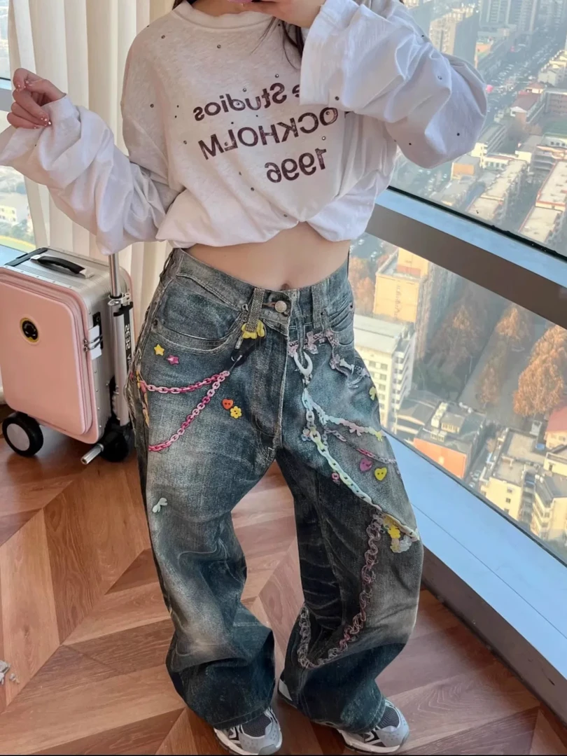AC买手店25春夏新款辣妹百搭高腰显瘦糖果链条印花阔腿休闲牛仔裤