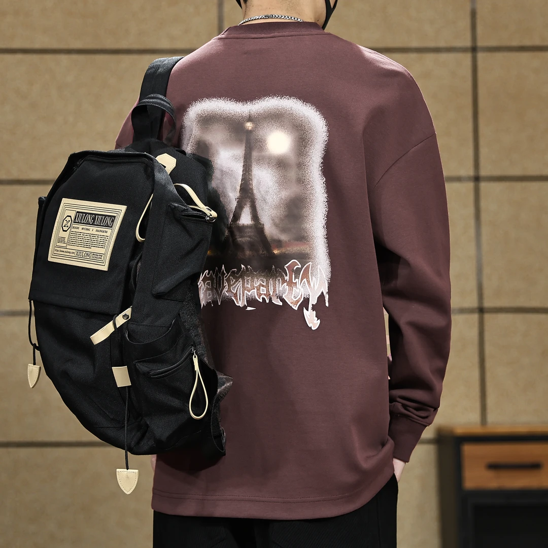 卫衣男款秋季新款美式高街嘻哈街头印花打底衫重磅水洗纯色长袖男