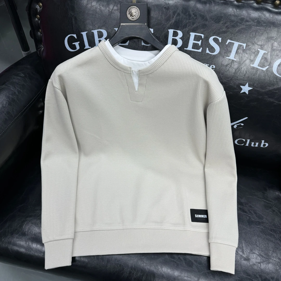 秋冬季男士新款肌理感拼接假两件卫衣简约时尚百搭休闲纯色打底衫