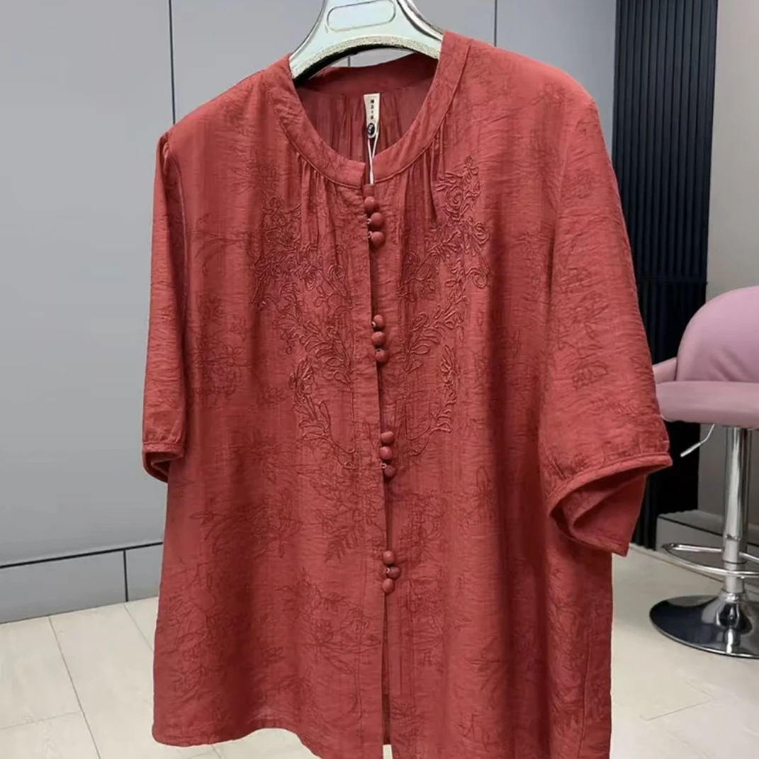 时尚大码洋气百搭显瘦夏季新中式刺绣半袖衫2563