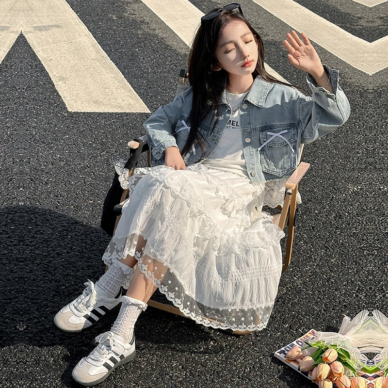 女童花边牛仔外套蕾丝裙套装春季2025新款儿童洋气中大童连衣裙潮