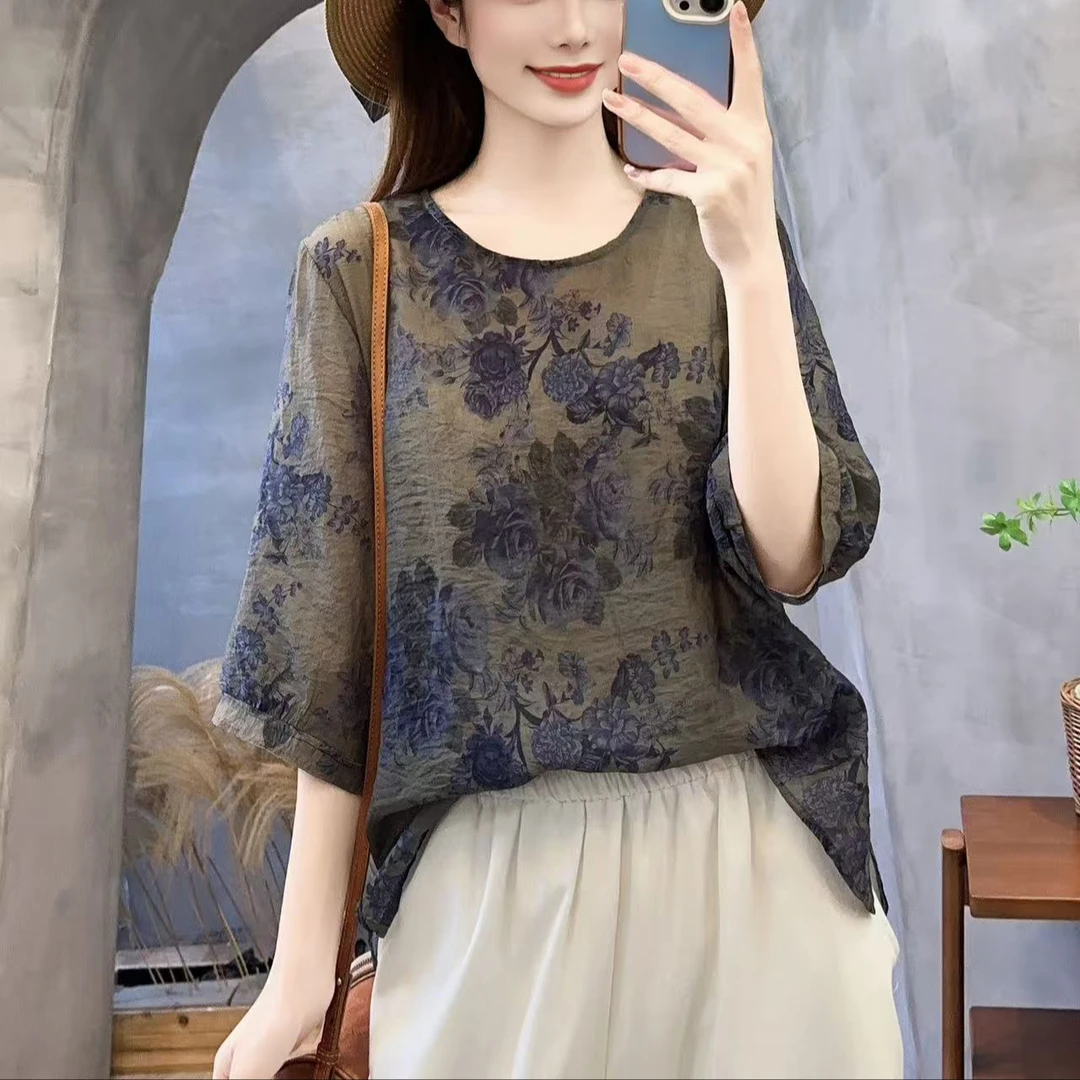 8540新款夏季时尚文艺气质减龄碎花T恤小衫QZ