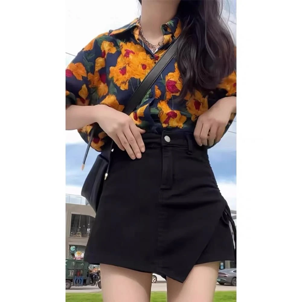 大码胖妹妹港味复古碎花短袖衬衫女夏季黑色抽绳不规则短裤裙新款