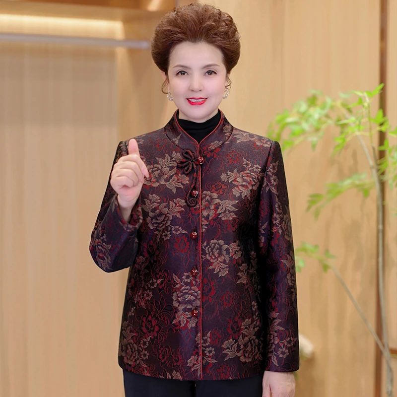 2025秋冬新款妈妈装唐装立领长袖开衫中老年人外套气质奶奶上衣