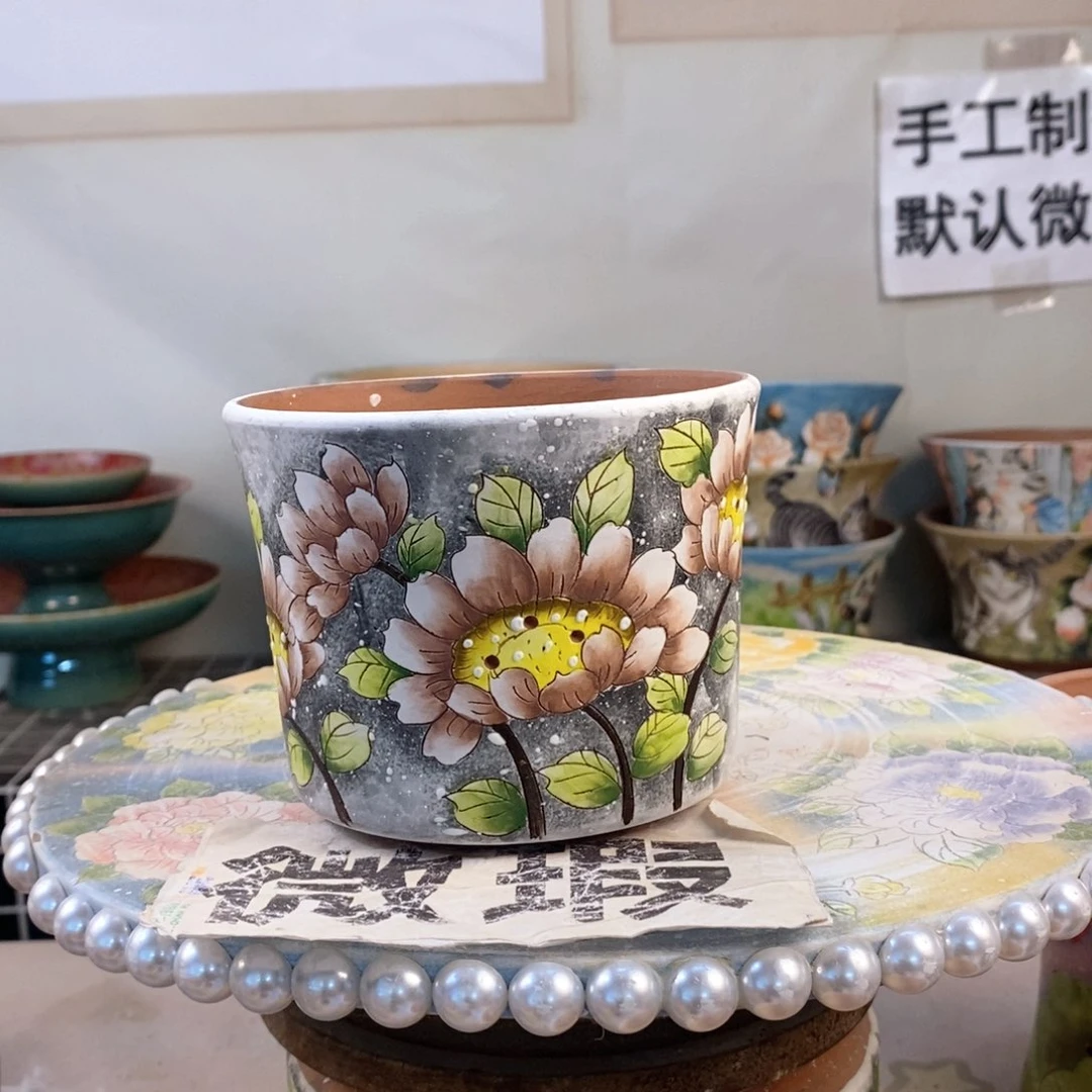 紫砂花盆红陶手绘花盆