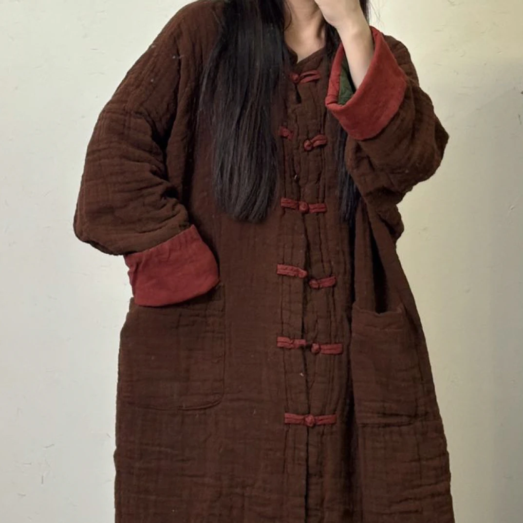 秋冬季新款复古新中式手工盘扣麻长款双层棉衣长99 胸围138