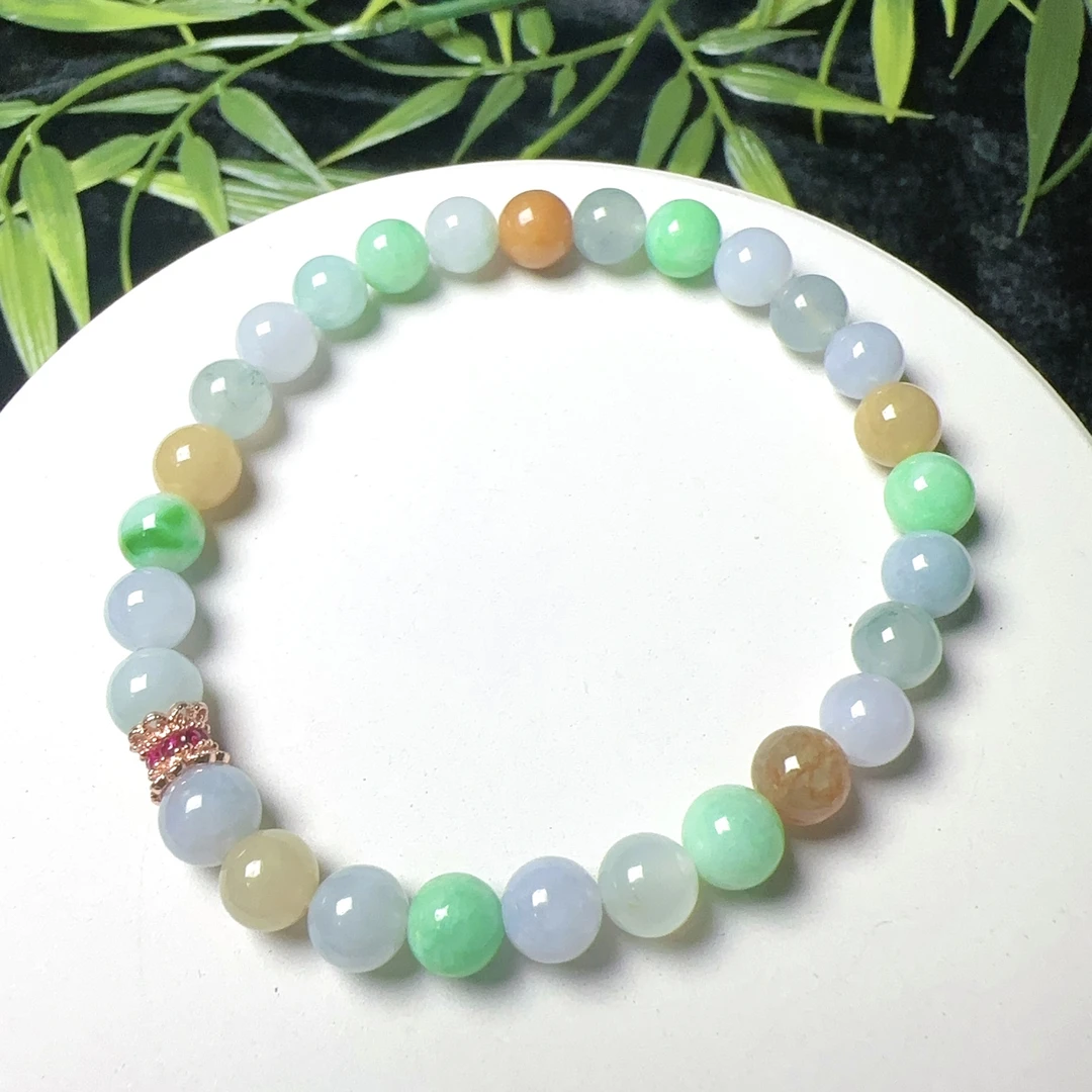 缅甸天然翡翠A货 冰胶多宝圆珠手链精致时尚百搭女款卡6.8mm彩色